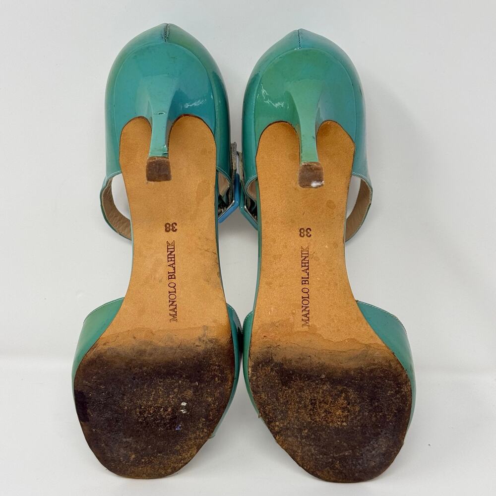 Manolo Blahnik Turquoise Blue Patent Leather Peep Toe Mary Jane Heeled Sandal 38 - Picture 10 of 10